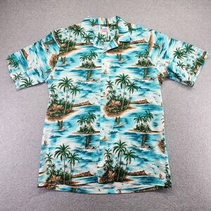 Vintage Hawaii Button Shirt‎ Mens XL Blue Tropical Hawaiian Palms Sailing Canoe